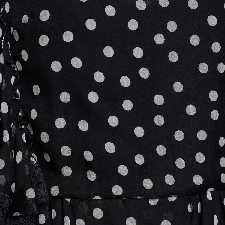 Pre Owned Dolce & Gabbana Black Polka Dot Silk Ruffled Faux Wrap Midi Dress M