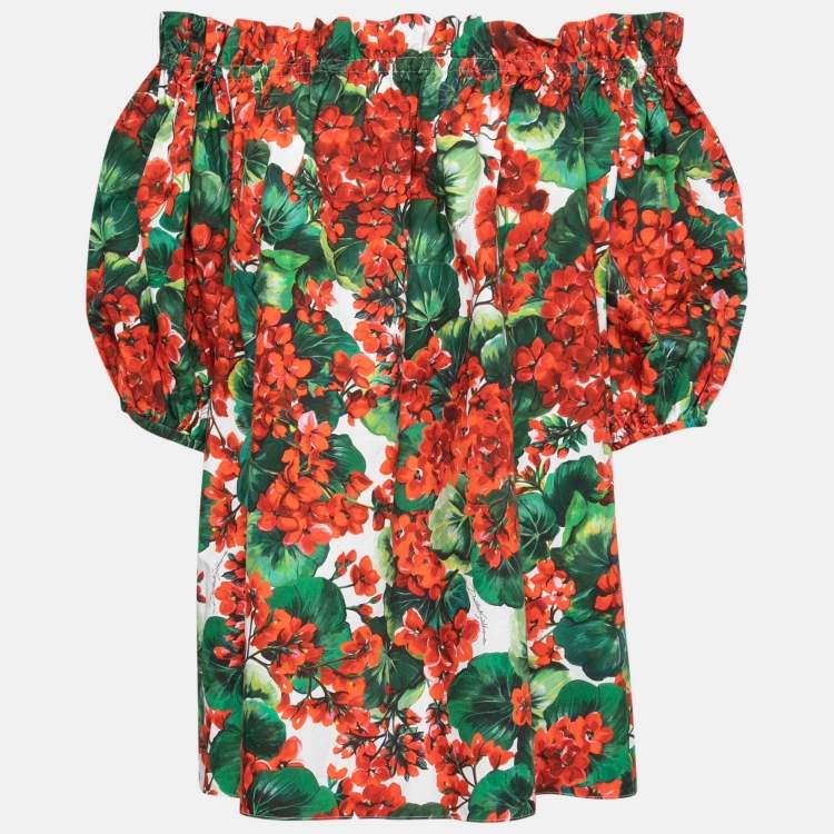 Pre Owned Dolce & Gabbana Red Floral Print Cotton Off-Shoulder Blouse L