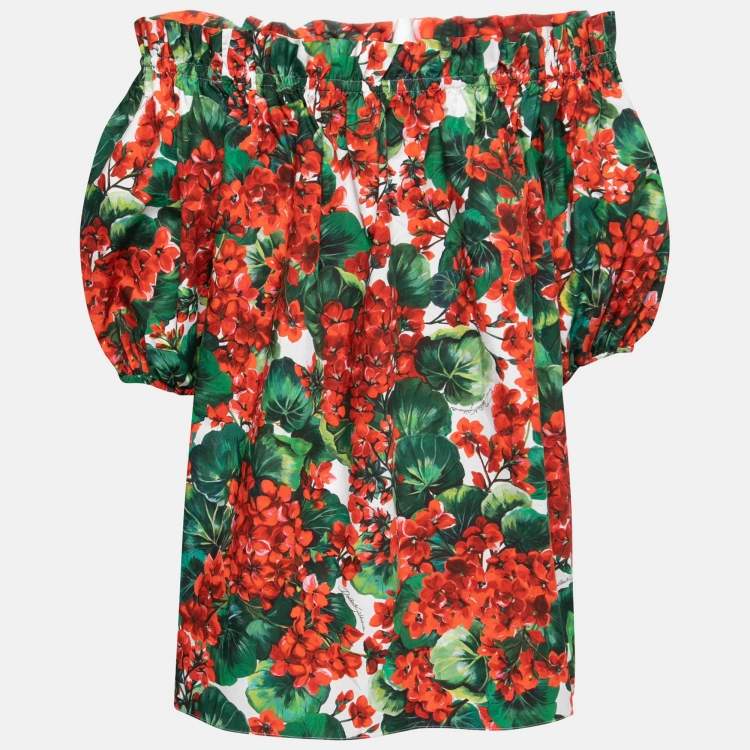 Pre Owned Dolce & Gabbana Red Floral Print Cotton Off-Shoulder Blouse L