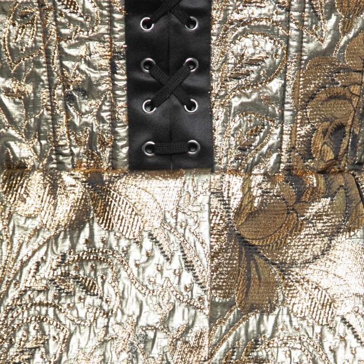 Pre Owned Dolce & Gabbana Gold Floral Lurex Jacquard Lace-Up Detail Corset Top M
