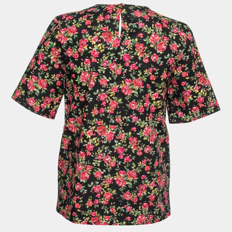 Pre Owned Dolce & Gabbana Black Rose Printed Cotton Top S