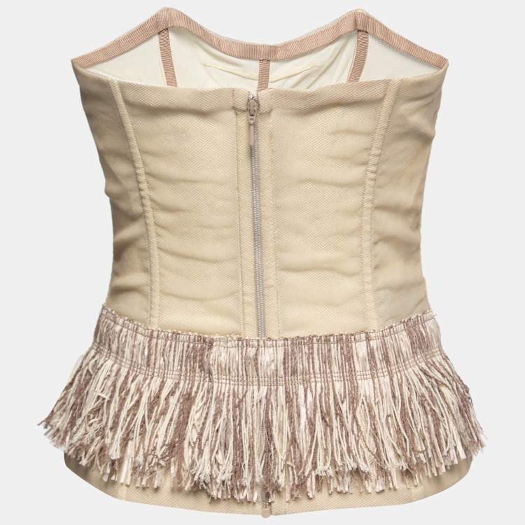 Pre Owned Dolce & Gabbana Beige Tulle Overlay Fringe Trimmed Corset M