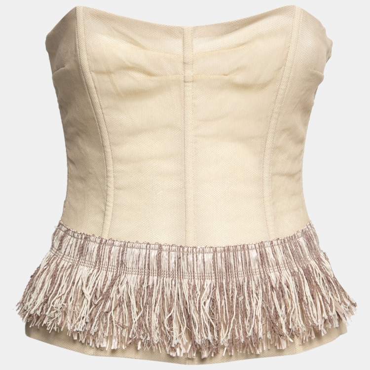 Pre Owned Dolce & Gabbana Beige Tulle Overlay Fringe Trimmed Corset M
