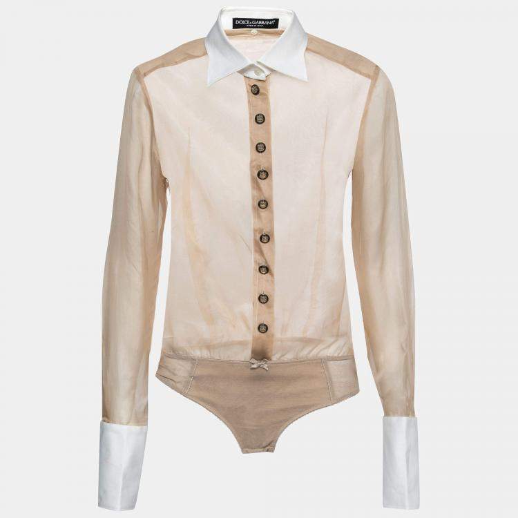 Pre Owned Dolce & Gabbana Beige Silk Detachable Collar Bodysuit Shirt M