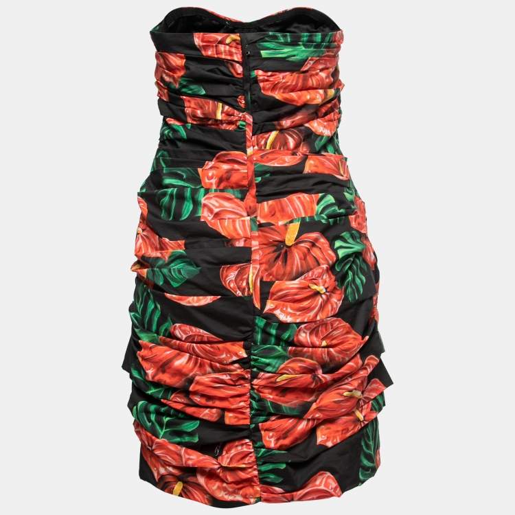 Pre Owned Dolce & Gabbana Black Floral Printed Cotton Ruched Mini Dress L 