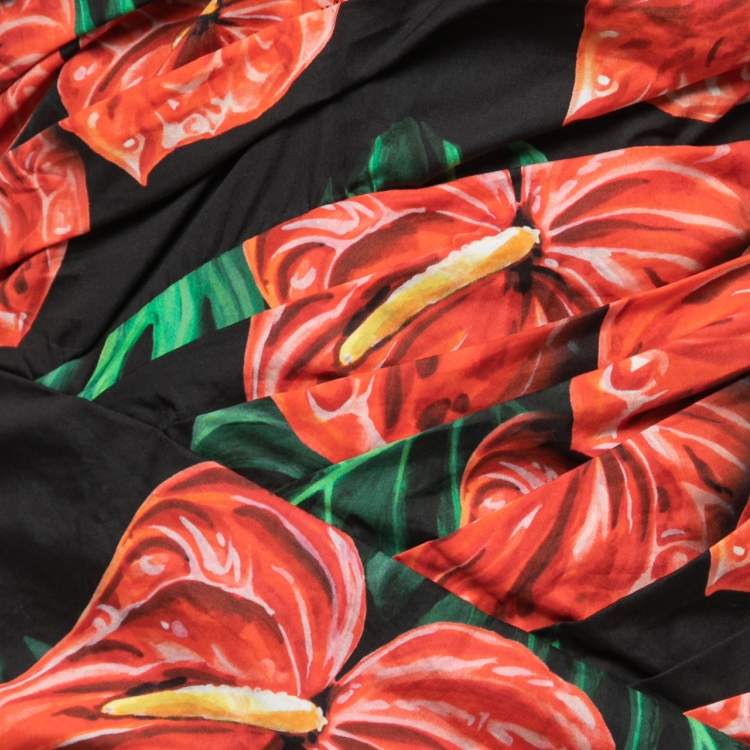 Pre Owned Dolce & Gabbana Black Floral Printed Cotton Ruched Mini Dress L 