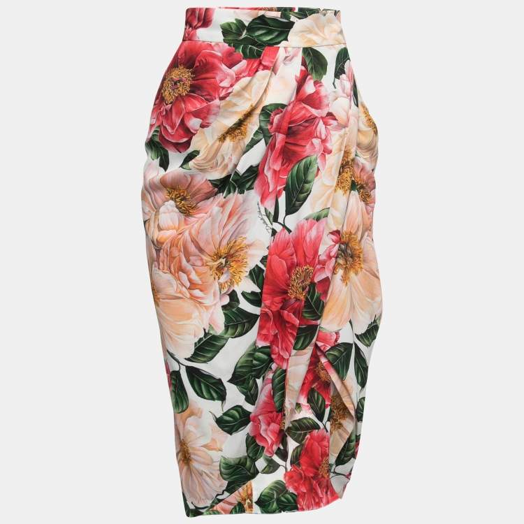 Pre Owned Dolce & Gabbana White Floral Crepe Gathered Midi Skirt XS