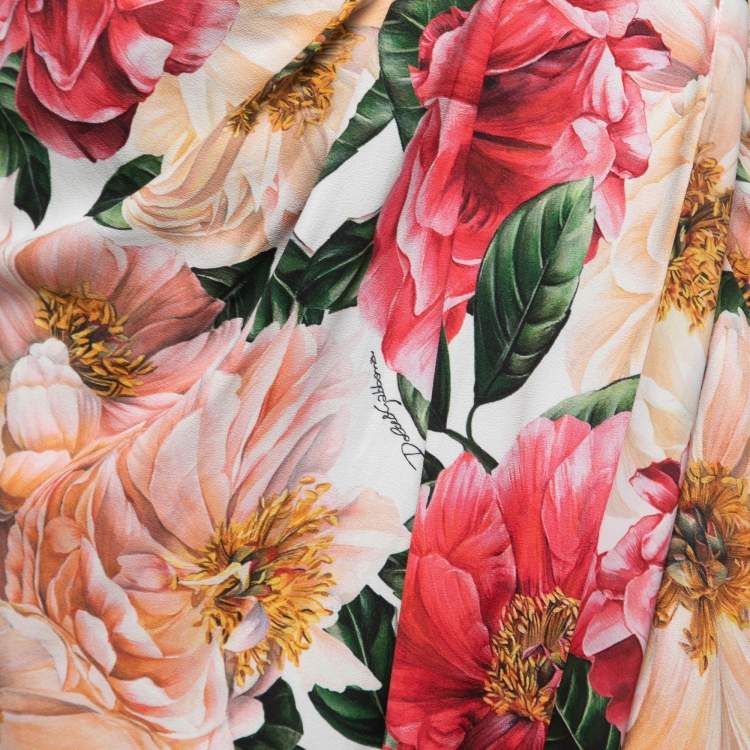 Pre Owned Dolce & Gabbana White Floral Crepe Gathered Midi Skirt XS