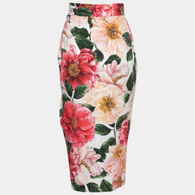 Pre Owned Dolce & Gabbana White Floral Crepe Gathered Midi Skirt XS