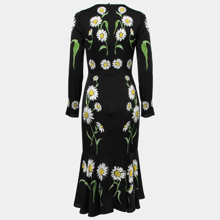 Pre Owned Dolce & Gabbana Black Floral Printed Silk Long Sleeve Dress M