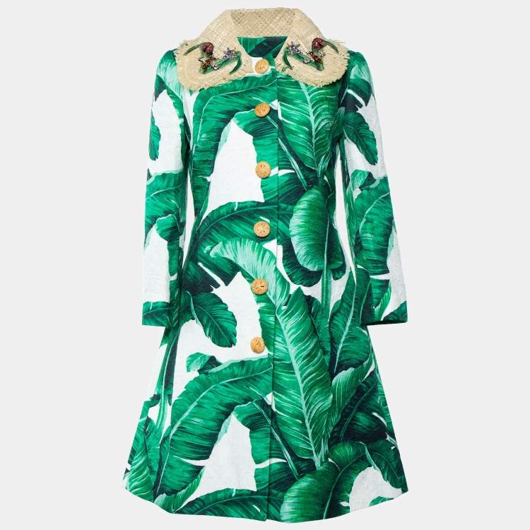 Pre Owned Dolce & Gabbana Green Banana Leaf Printed Cotton Jacquard Coat M