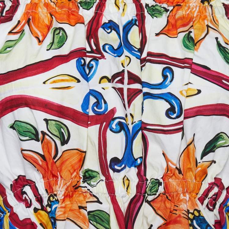 Pre Owned Dolce & Gabbana Multicolor Majolica Printed Cotton Lace Detail Off Shoulder Top L