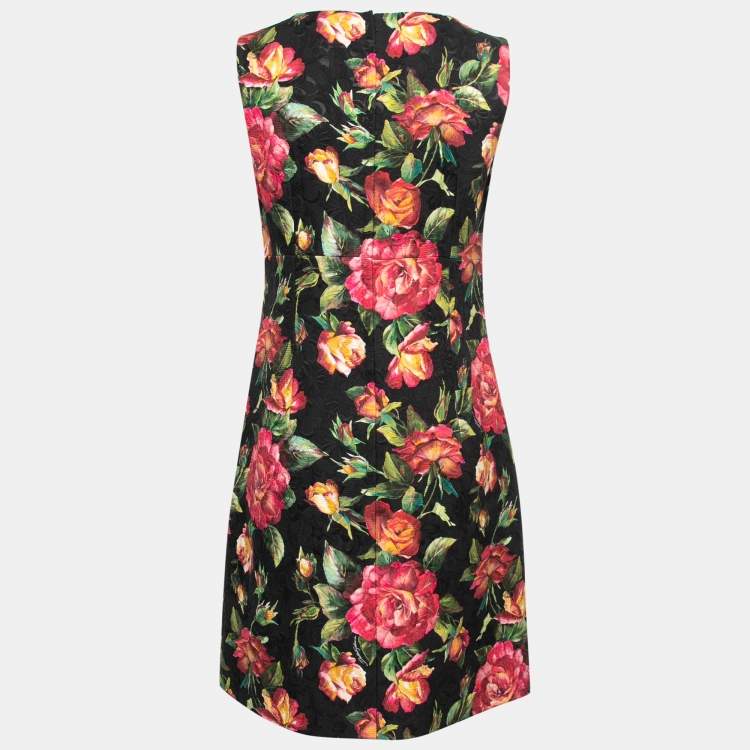 مملوكة مسبقًا Dolce & Gabbana Black Rose Print Embossed Jacquared Sleeveless Dress M