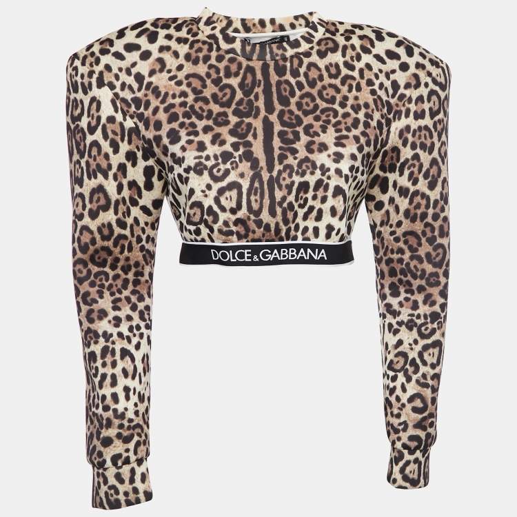 Pre Owned Dolce & Gabbana Brown Leopard Print Neoprene Padded-Shoulder Crop Top M