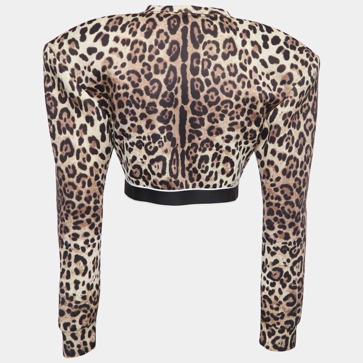 Pre Owned Dolce & Gabbana Brown Leopard Print Neoprene Padded-Shoulder Crop Top M