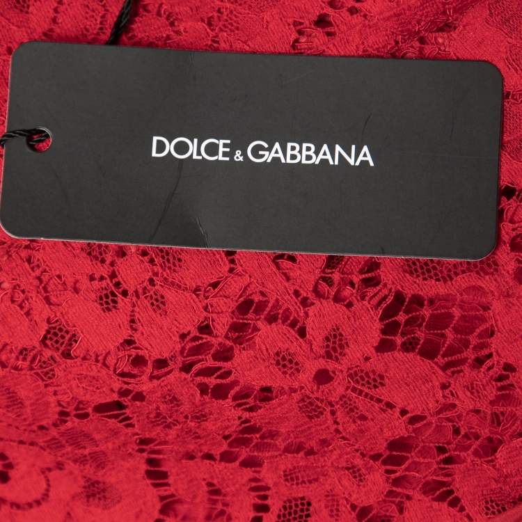 Pre Owned Dolce & Gabbana Red Floral Lace Collared Midi Dress 2XL