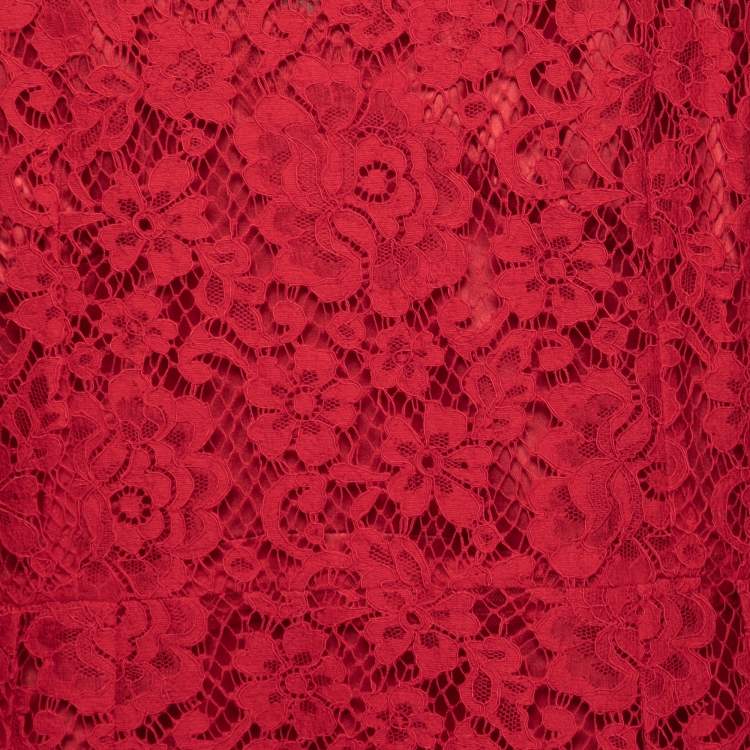 Pre Owned Dolce & Gabbana Red Floral Lace Collared Midi Dress 2XL