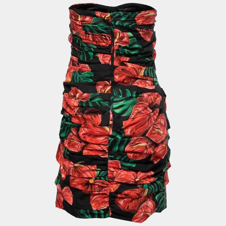 Pre Owned Dolce & Gabbana Black Floral Printed Cotton Ruched Strapless Dress L
