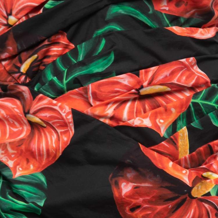 Pre Owned Dolce & Gabbana Black Floral Printed Cotton Ruched Strapless Dress L