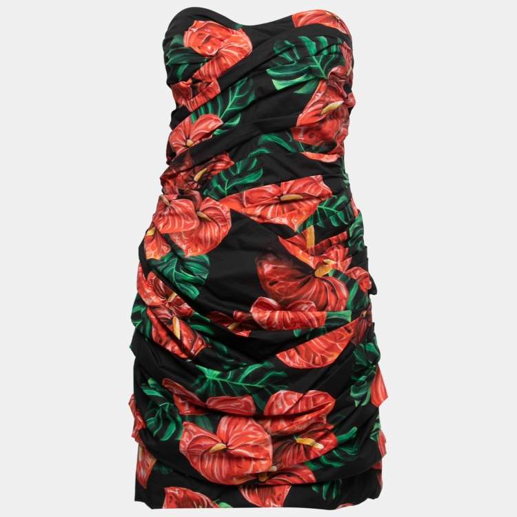 Pre Owned Dolce & Gabbana Black Floral Printed Cotton Ruched Strapless Dress L