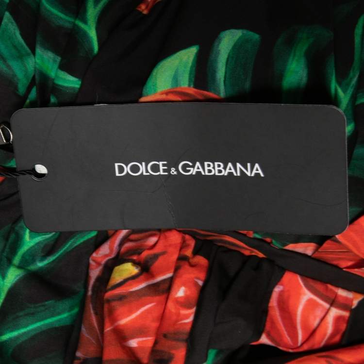 Pre Owned Dolce & Gabbana Black Floral Printed Cotton Ruched Strapless Dress L