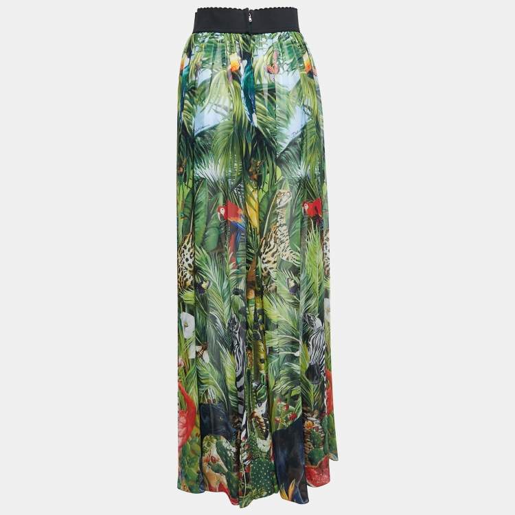 Pre Owned Dolce & Gabbana Green Printed Silk Chiffon Maxi Skirt M