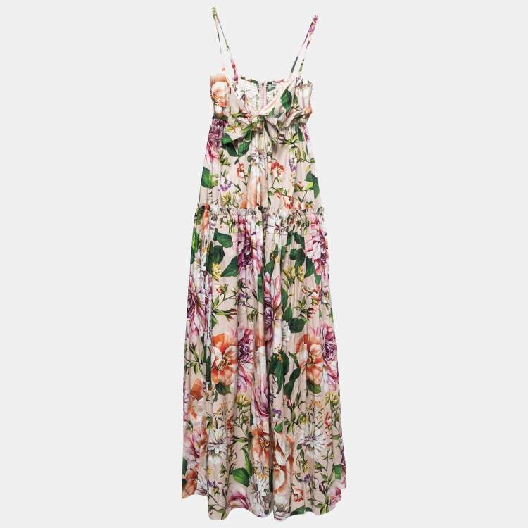 Dolce & Gabbana Pink Floral Printed Cotton Tie Front Strappy Maxi Dress 