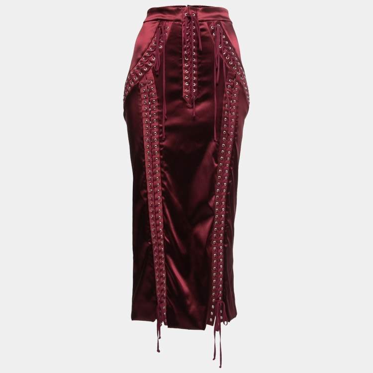 Pre Owned Dolce & Gabbana Burgundy Stretch Satin Corset Midi Skirt L