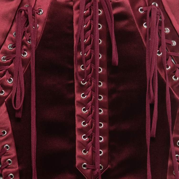 Pre Owned Dolce & Gabbana Burgundy Stretch Satin Corset Midi Skirt L