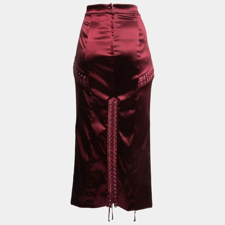 Pre Owned Dolce & Gabbana Burgundy Stretch Satin Corset Midi Skirt L