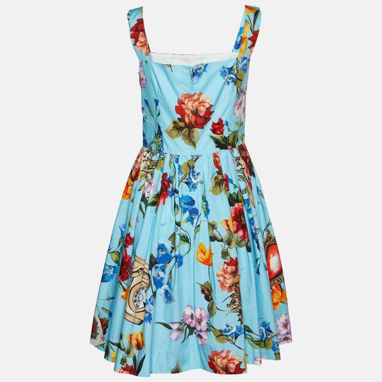 Pre Owned Dolce & Gabbana Blue Floral Printed Cotton Sleeveless Midi Dress M