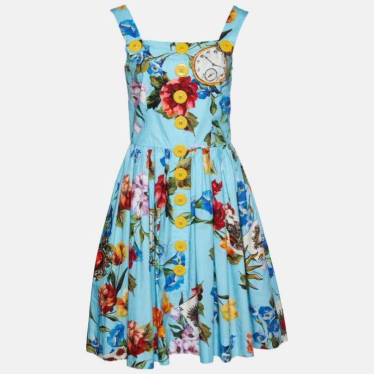 Pre Owned Dolce & Gabbana Blue Floral Printed Cotton Sleeveless Midi Dress M