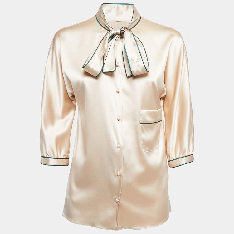 Pre Owned Dolce & Gabbana Beige Satin Silk Tie Neck Blouse S