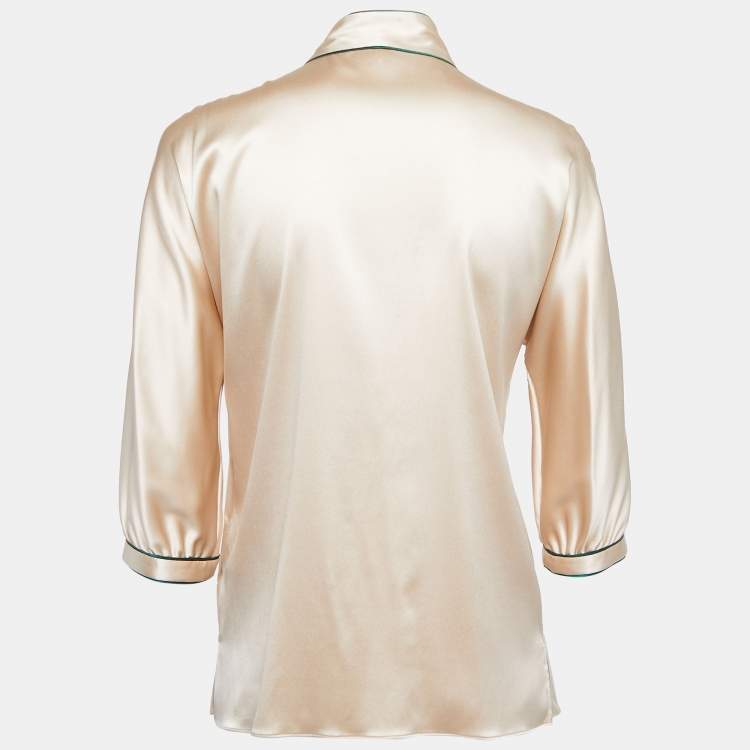 Pre Owned Dolce & Gabbana Beige Satin Silk Tie Neck Blouse S