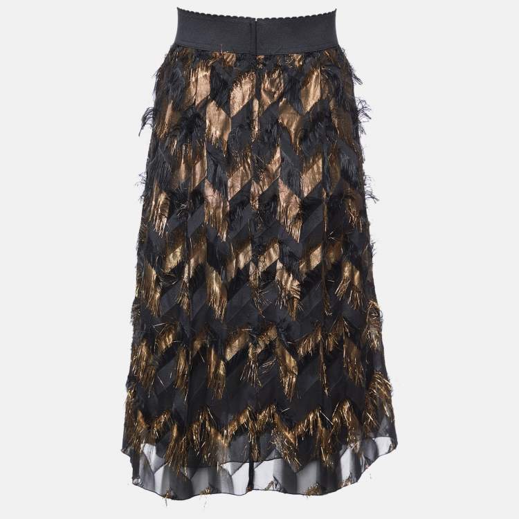 مملوكة مسبقًا Dolce & Gabbana Black & Brown Lurex Silk Fringed Skirt L