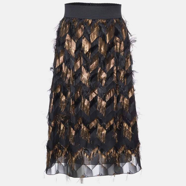 مملوكة مسبقًا Dolce & Gabbana Black & Brown Lurex Silk Fringed Skirt L