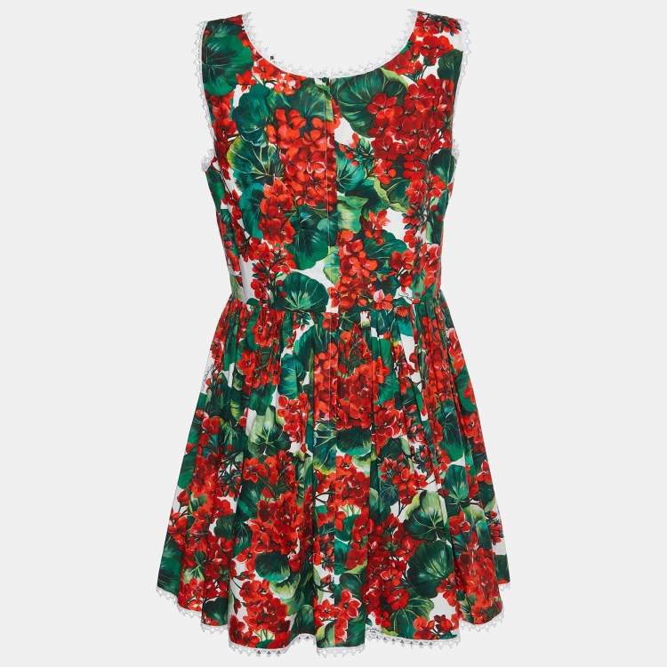 Pre Owned Dolce & Gabbana Red Geranium Printed Cotton Sleeveless Mini Dress L