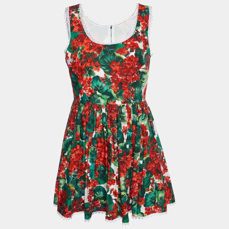 Pre Owned Dolce & Gabbana Red Geranium Printed Cotton Sleeveless Mini Dress L