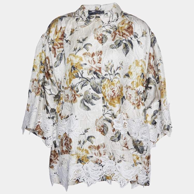 Pre Owned Dolce & Gabbana Light Cream Floral Printed Silk Jacquard Button Front Jacket S
