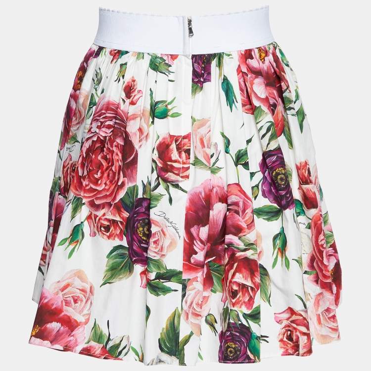 Pre Owned Dolce & Gabbana White Rose Printed Cotton Mini Skirt M