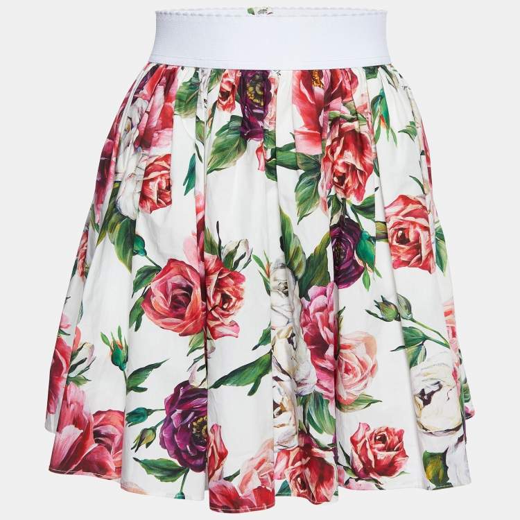 Pre Owned Dolce & Gabbana White Rose Printed Cotton Mini Skirt M