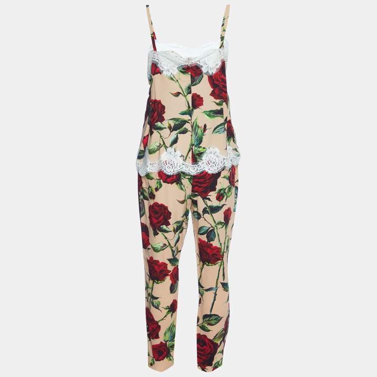 Pre Owned Dolce & Gabbana Beige Rose Printed Crepe & Lace Cami Top & Pants Set L