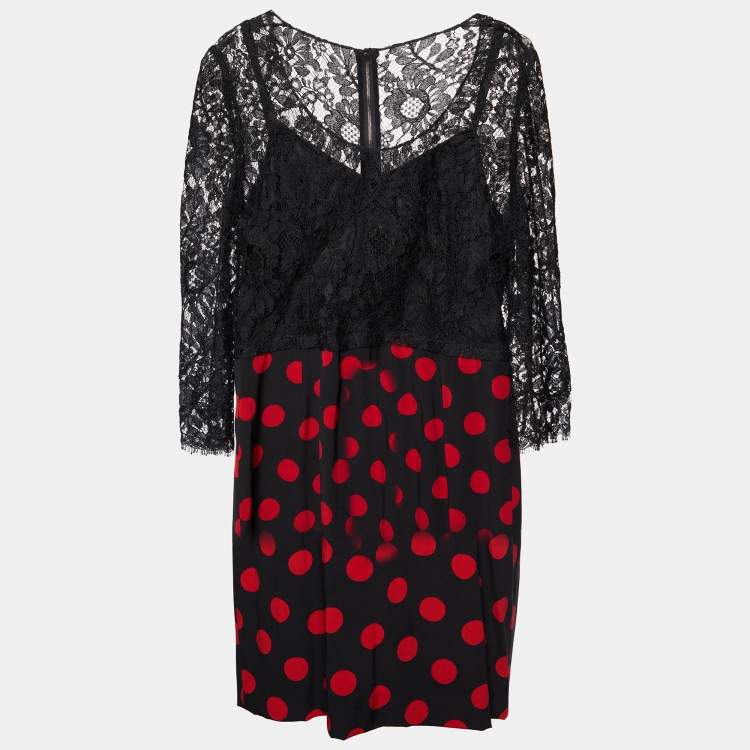 Pre Owned Dolce & Gabbana Black Lace & Polka Dot Printed Silk Midi Dress L