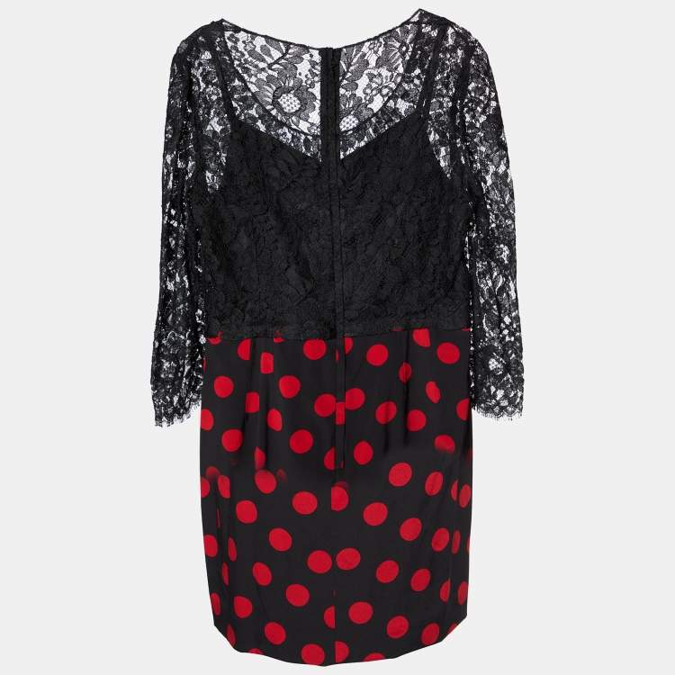 Pre Owned Dolce & Gabbana Black Lace & Polka Dot Printed Silk Midi Dress L