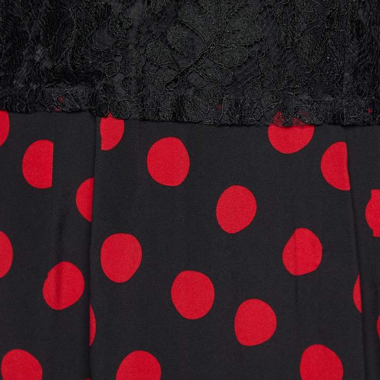 Pre Owned Dolce & Gabbana Black Lace & Polka Dot Printed Silk Midi Dress L