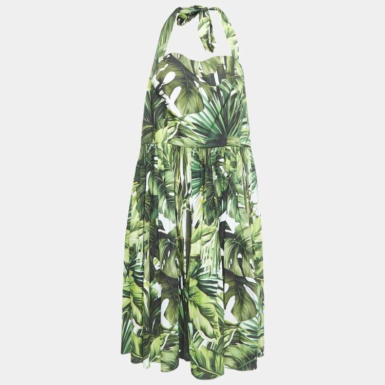 Pre Owned Dolce & Gabbana Green Leaves Print Cotton Halter Neck Short Dress 2XL
