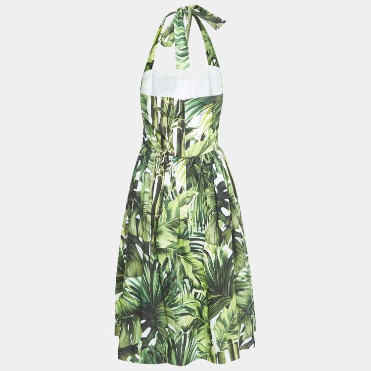 Pre Owned Dolce & Gabbana Green Leaves Print Cotton Halter Neck Short Dress 2XL