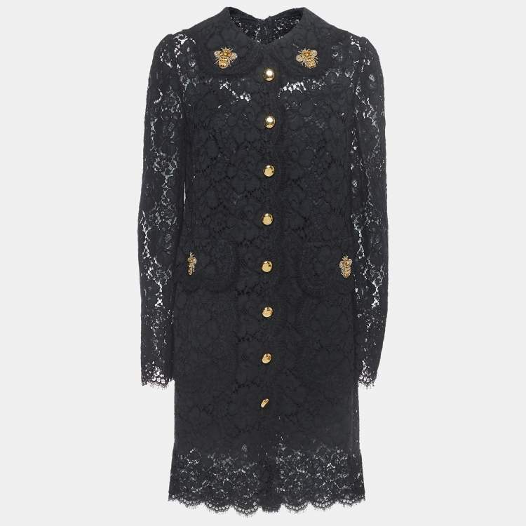 Pre Owned Dolce & Gabbana Black Floral Lace Bee Embellished Detail Mini Dress L