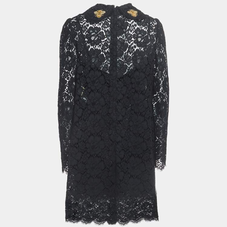 Pre Owned Dolce & Gabbana Black Floral Lace Bee Embellished Detail Mini Dress L