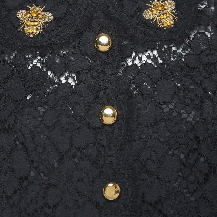 Pre Owned Dolce & Gabbana Black Floral Lace Bee Embellished Detail Mini Dress L